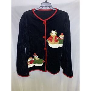 Women's XL Black Velvet VTG Snowman Holiday Button Down Cardigan Christmas